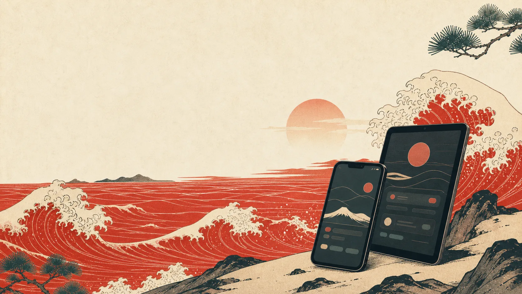 浮世绘风格的红色海面与手机平板剪影